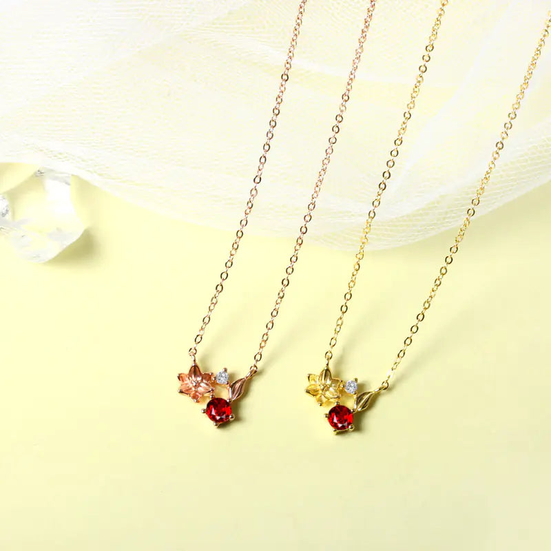 Garnet Flower Pendant Cherry Blossom Necklace